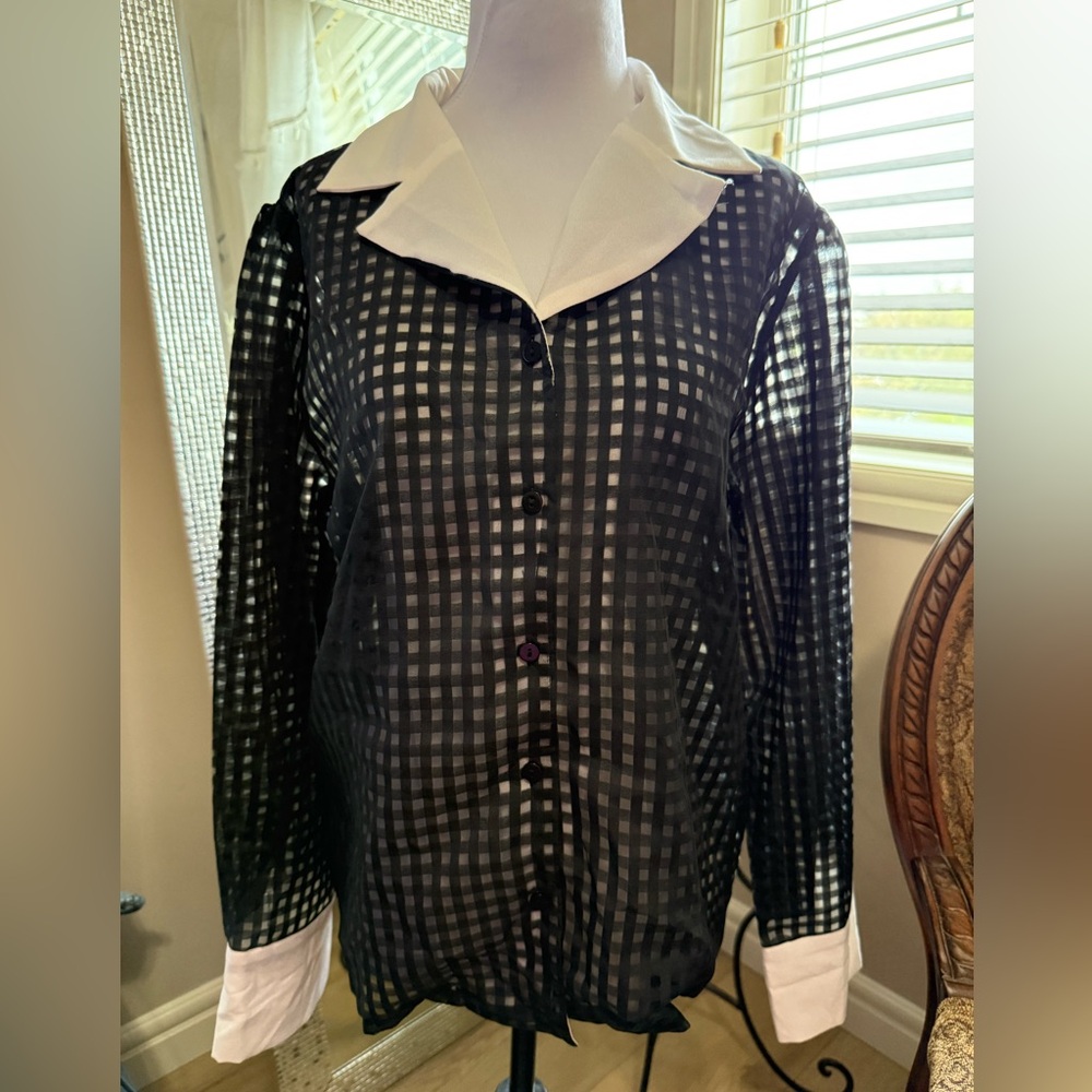 Black and White Sheer Checkered Women's Top Sz L